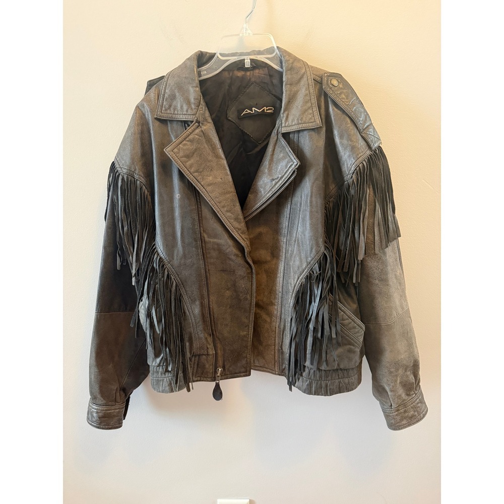 Vintage AM2 by Andrew Marc Leather Biker Jacket w/ Fringe – Size Medium - Picture 2 of 11
